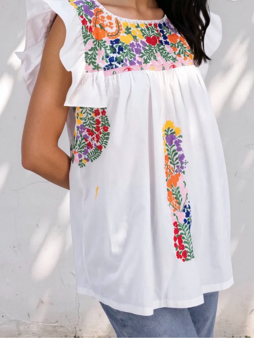 NWT Mi Golondrina “Soledad” White Embroidered Floral Top retails for $375